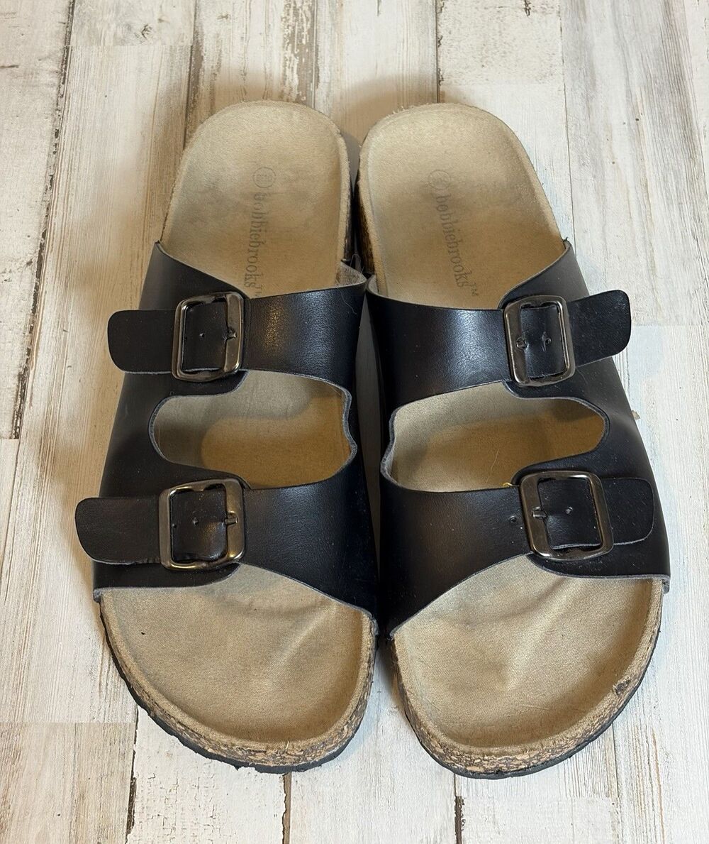Women’s Black Slide Sandals 9/10 Double Buckle Adjustable Cork Footbed